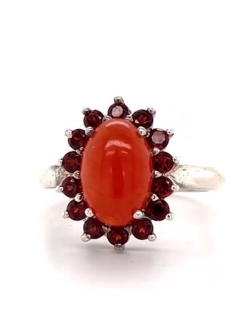 Sterling Silver Red Coral and Garnet Halo Ring